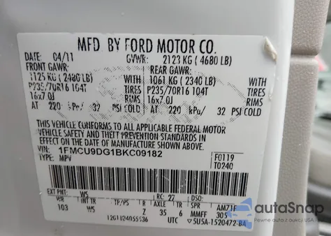 2011 Ford Escape Xlt из США, поврежденный, VIN 1FMCU9DG1BKC09182